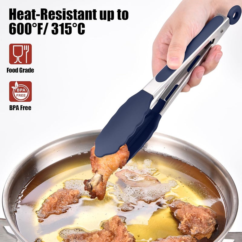 Doosu Kitchen Tongs for Cooking - 600°F Heat Resistant Food Tong with Non-Scratch Silicone Tips, Heavy Duty Stainless Steel Locking Tong for BBQ, Grilling Steak, Serving Salad Pasta (9in, Navy Blue) - Image 3